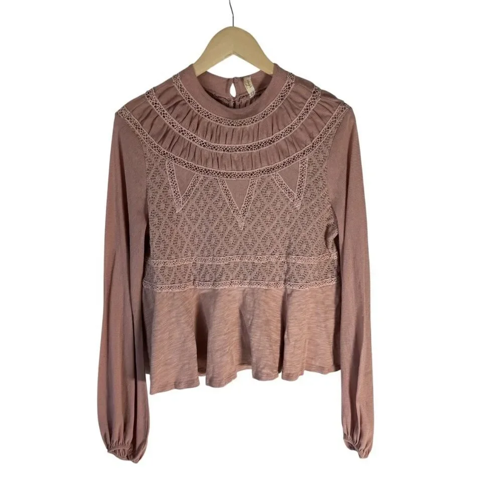 Free People English Rose Dusty Mauve Bishop Sleeve‎ Peplum Top Sz M